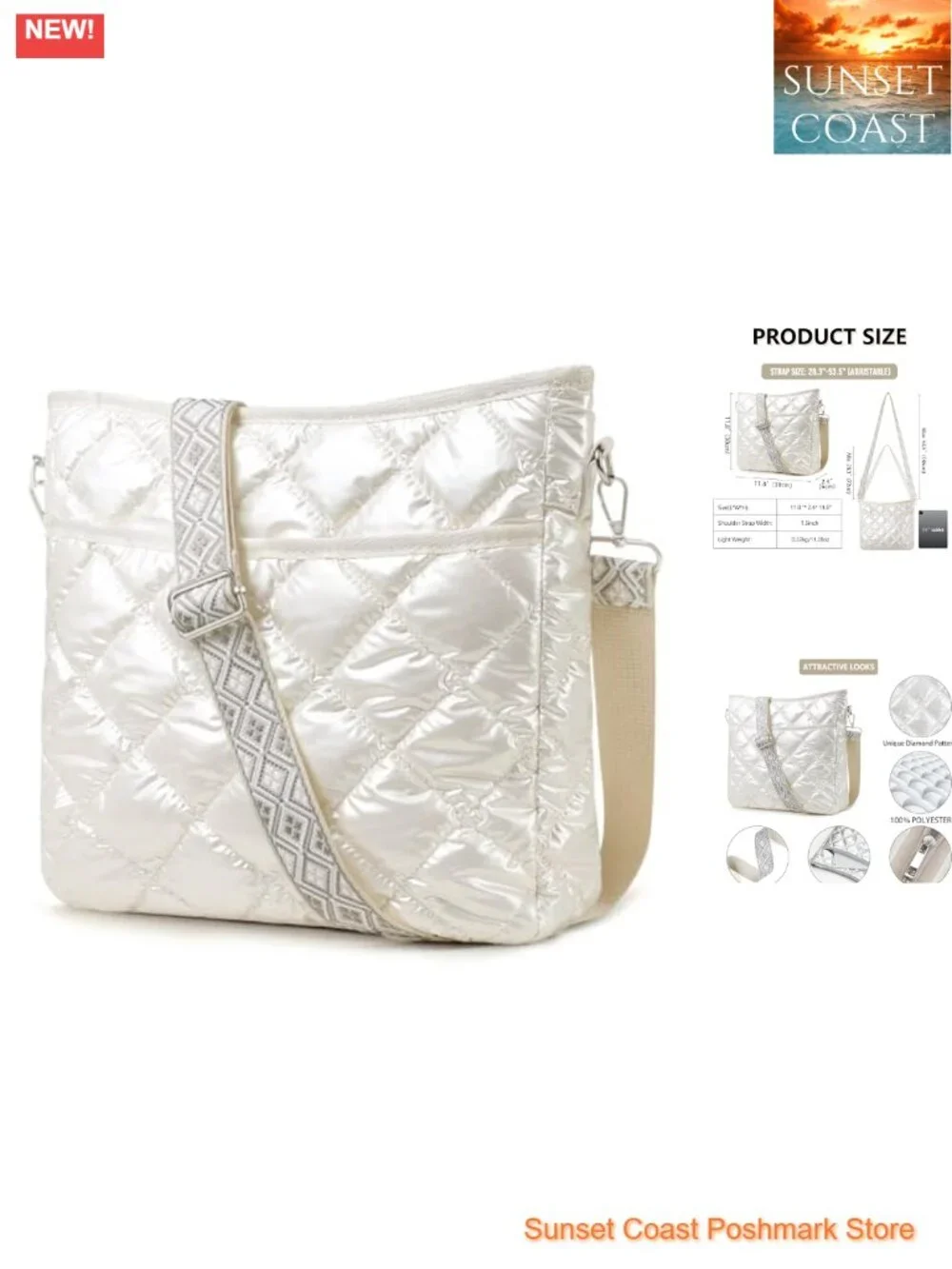 Quilted Crossbody Bag with Patterned Strap, Lightweight & Foldable